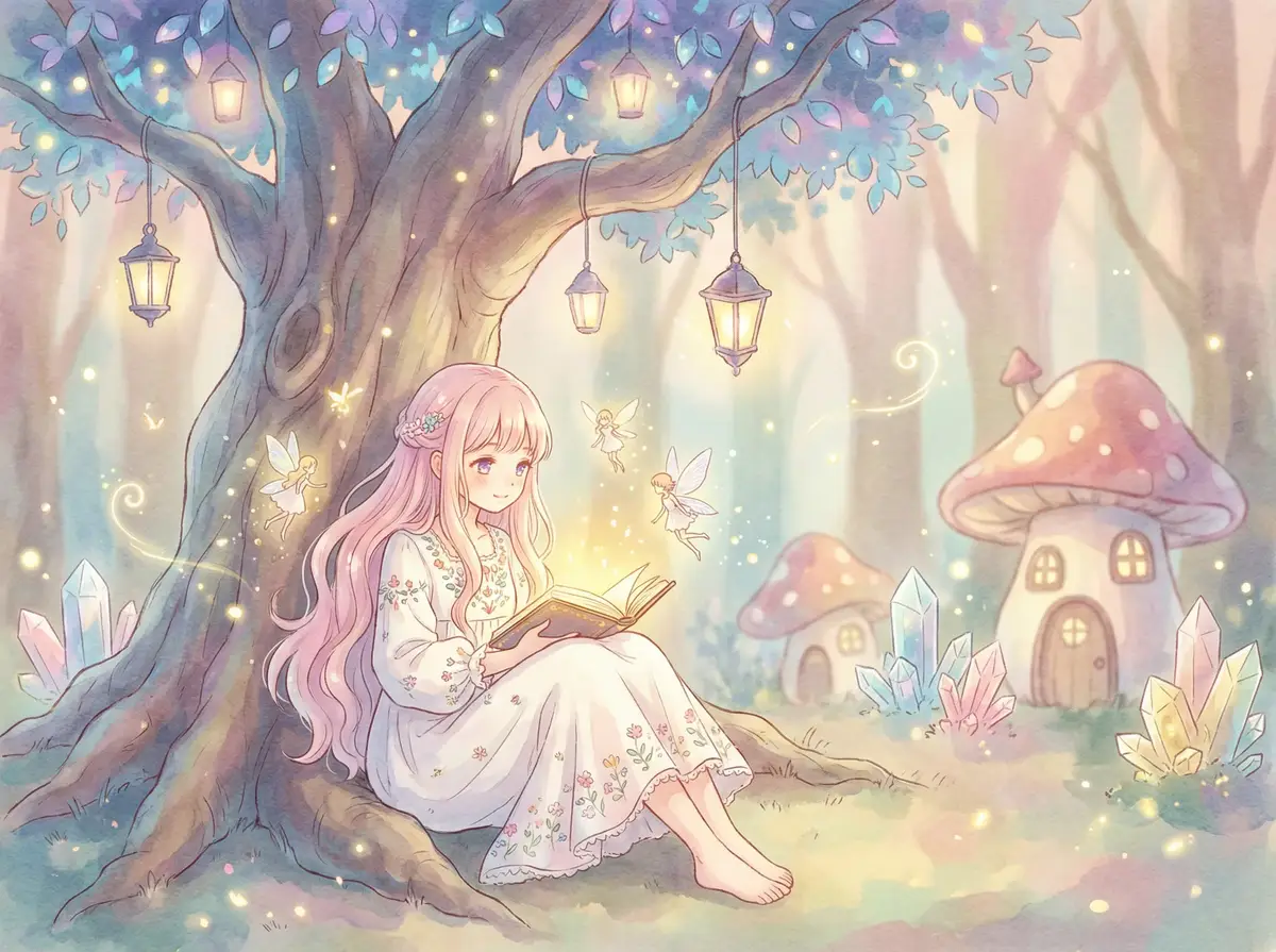 www91 - 魔法森林中阅读故事书的粉发少女与精灵